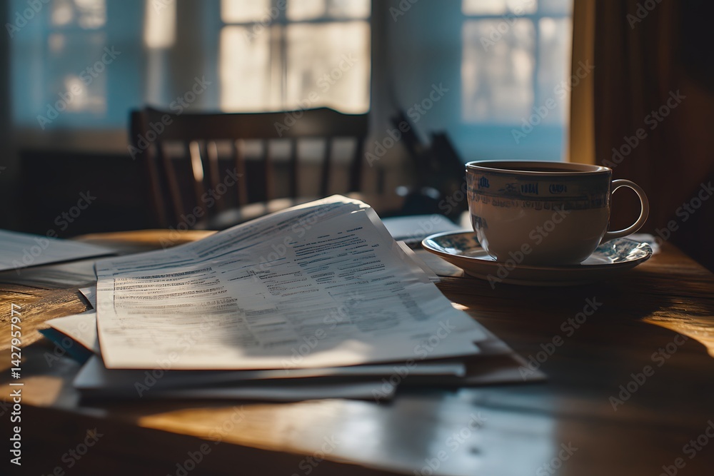 Documents and Coffee on Wooden Table Documents and Coffee on Wooden Table