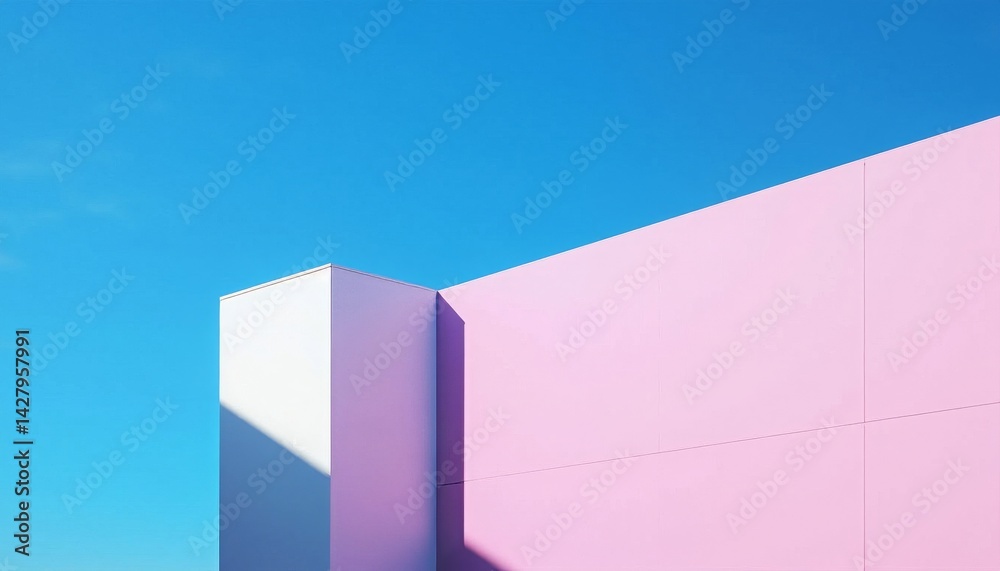 Fototapeta premium Minimalist architecture design with pastel pink and blue geometric buildings against a clear blue sky