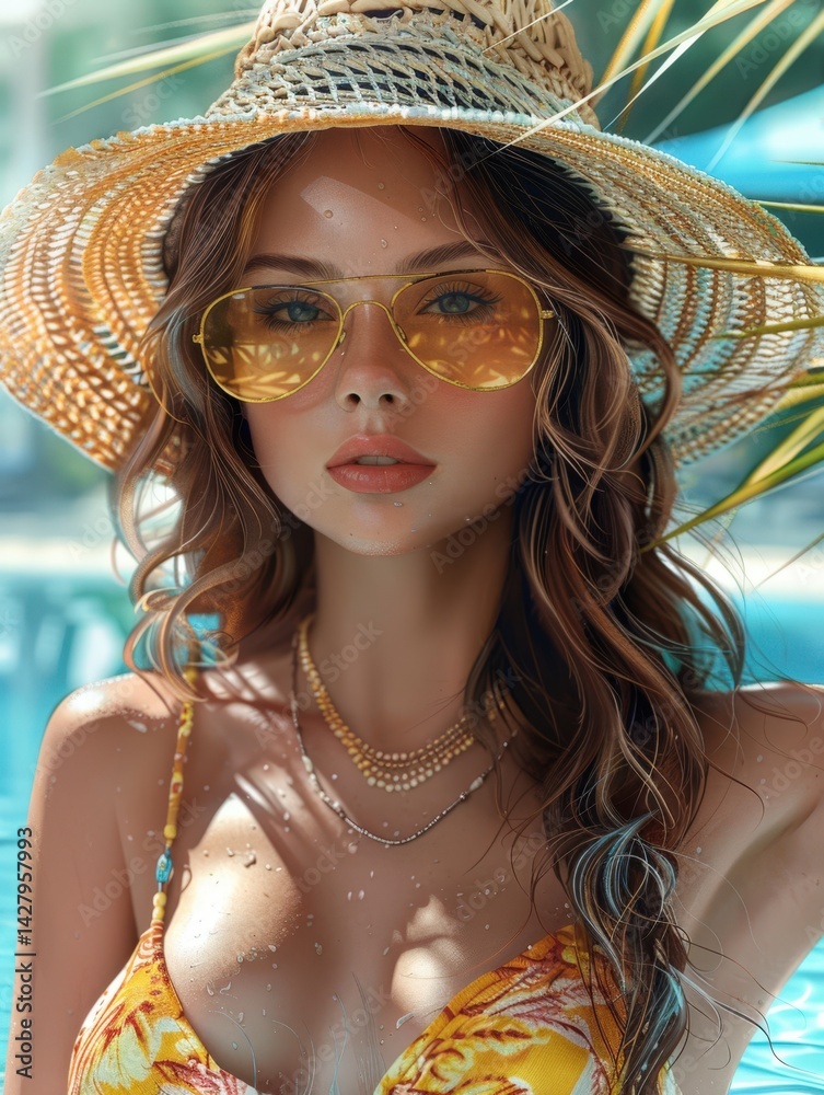Beautiful Russian Woman in a Straw Hat by the Pool for Summer Vacation Photo.Fictional Character Created By Generative AI