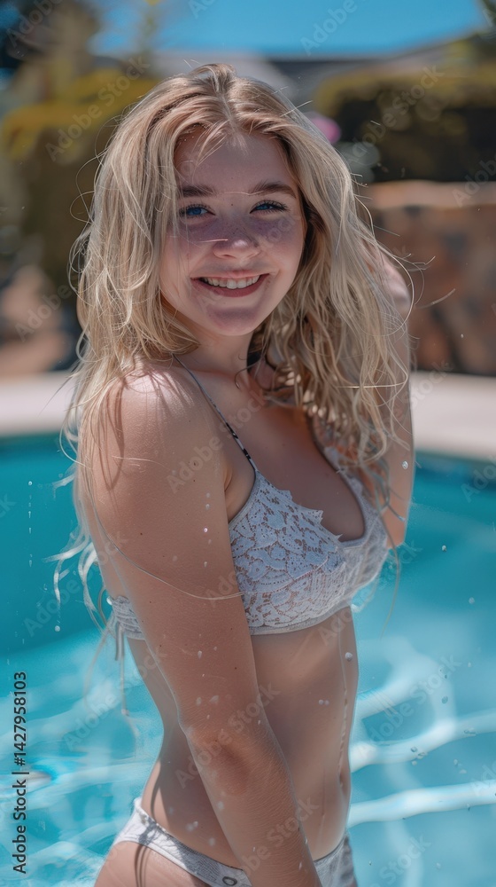 Beautiful Russian Woman in a Bikini by the Pool for Summer Holiday Photo.Fictional Character Created By Generative AI