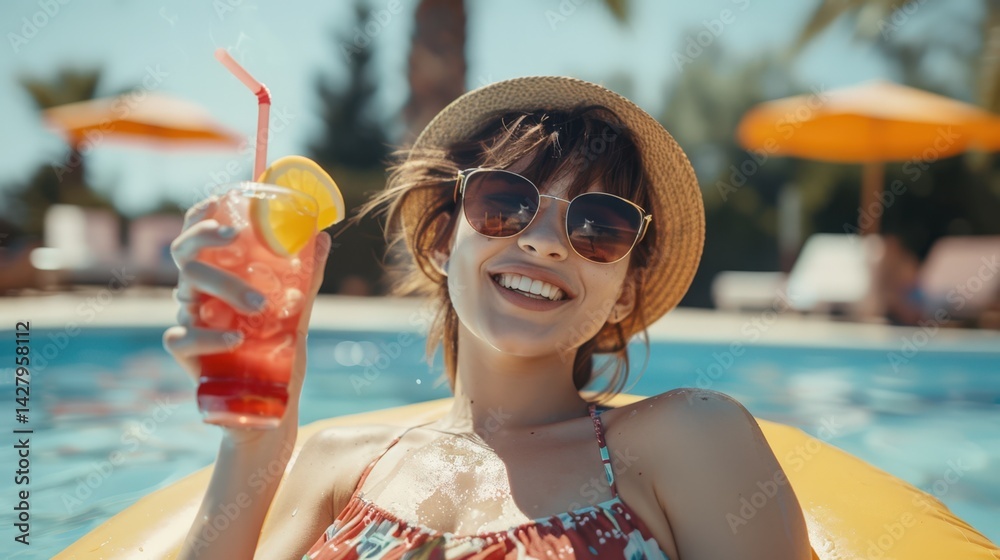 Woman Relaxing in Pool with DrinkFictional Character Created By Generative AI