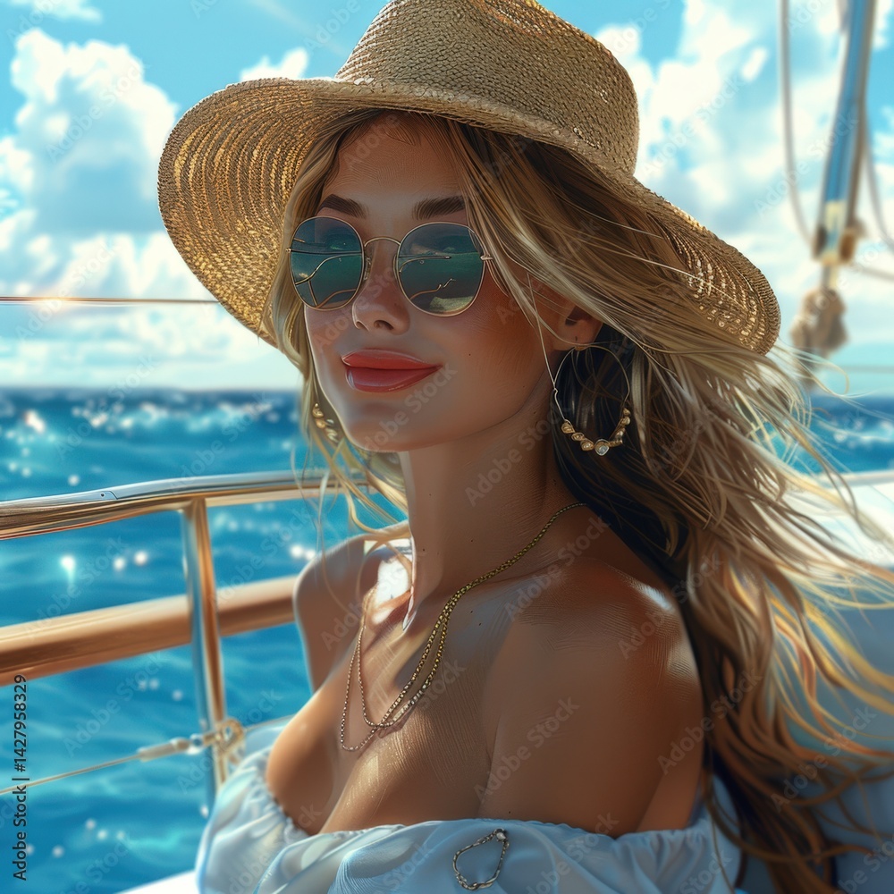 Beautiful American Woman Riding Boat at Summer Trip Photo.Fictional Character Created By Generative AI