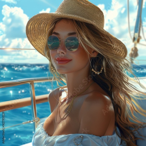Obraz na płótnie Beautiful American Woman Riding Boat at Summer Trip Photo.Fictional Character Created By Generative AI w salonie