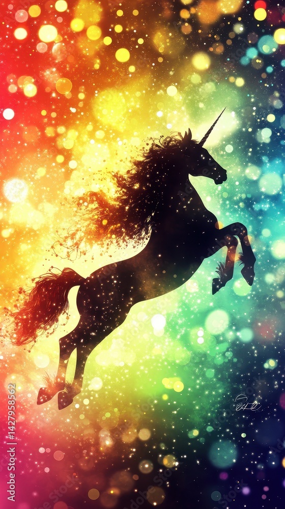 Naklejka premium Black unicorn silhouette leaps amidst vibrant, rainbow-hued lights.