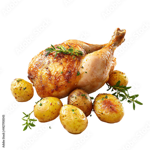 Wallpaper Mural Delicious roasted chicken with golden crispy skin and roasted potatoes garnished with fresh thyme on a transparent background Concept of comfort food, holiday meal, and gourmet cuisine Torontodigital.ca