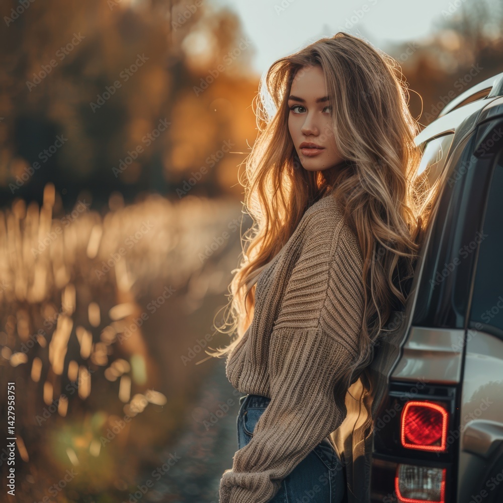 Woman Standing Next to Car in FieldFictional Character Created By Generative AI
