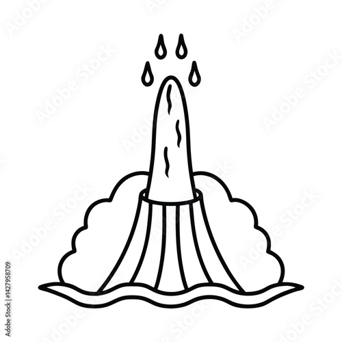 Minimalist outlined volcano eruption with flowing lava and volcanic ash cloud drawing on white background