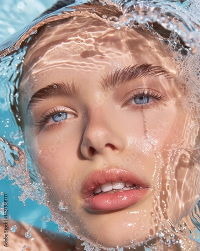 Obraz na płótnie Russian Woman Face in Water for Summer Holiday photo.Fictional Character Created By Generative AI w salonie
