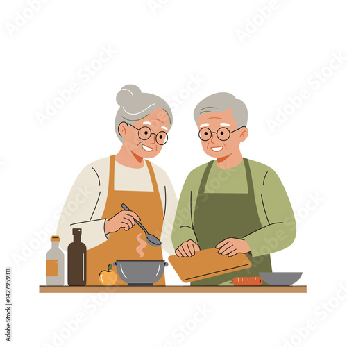 Two seniors happily cooking together in a bright kitchen  