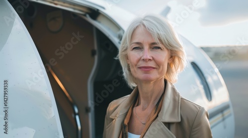 Obraz na płótnie Woman Standing in Front of a Small AirplaneFictional Character Created By Generative AI w salonie