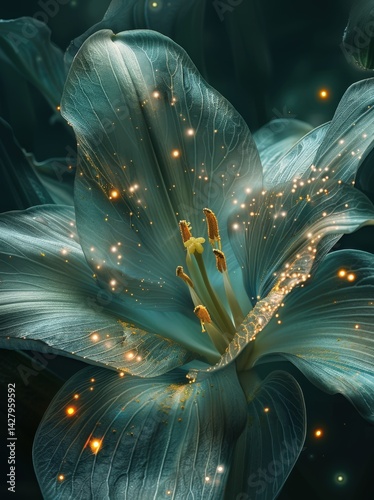 A close-up photograph of lily flower with glowing lights on its petals, creating an ethereal and magical atmosphere.