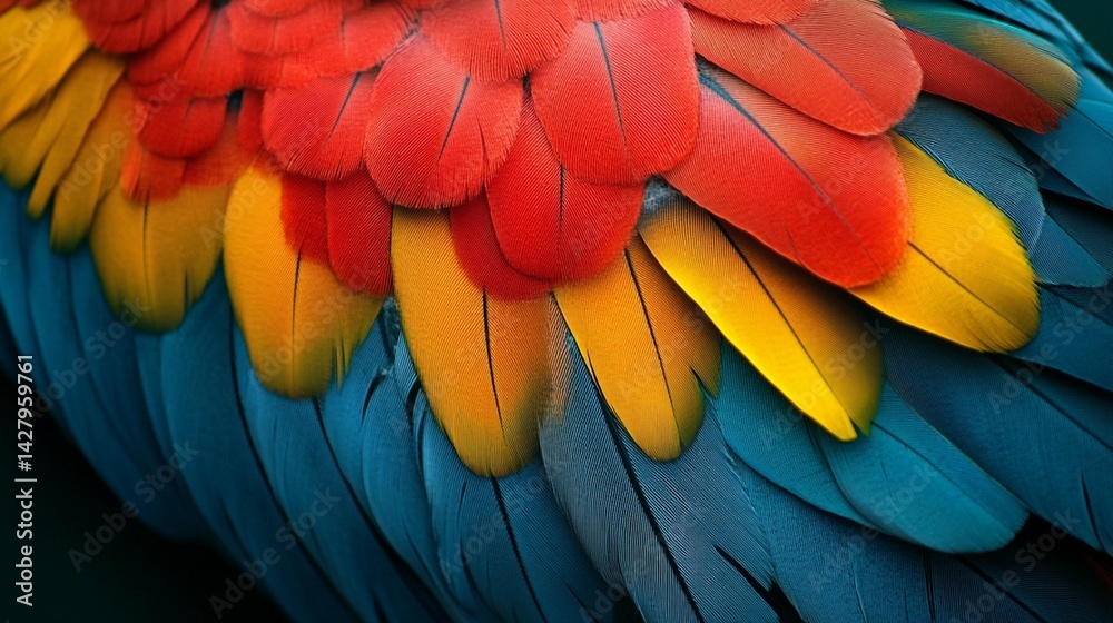 Fototapeta premium Close-up of vibrant red, yellow, and blue parrot feathers. (1)