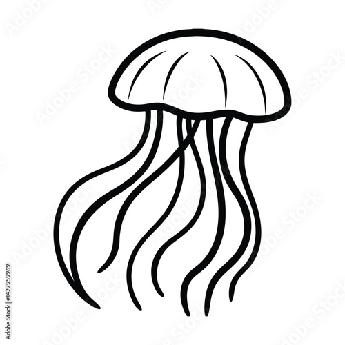 Simple black and white jellyfish line art aquatic animal silhouette illustration undersea life