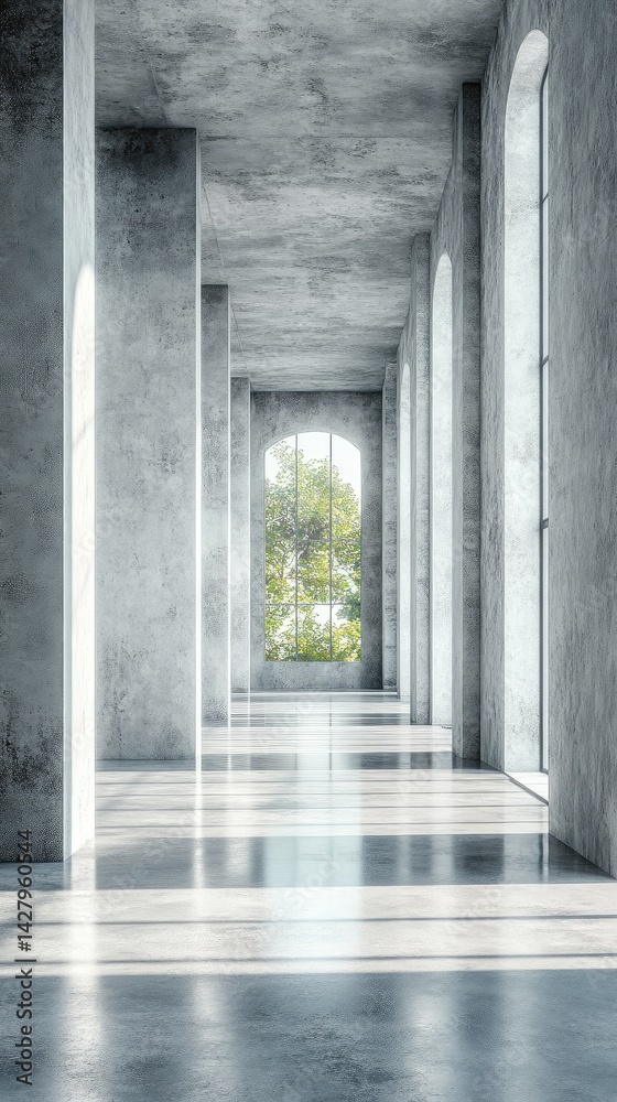 Vast Concrete Hall with Columns and Glowing Windows, Minimalist Modern Architecture Vast Concrete Hall with Columns and Glowing Windows, Minimalist Modern Architecture