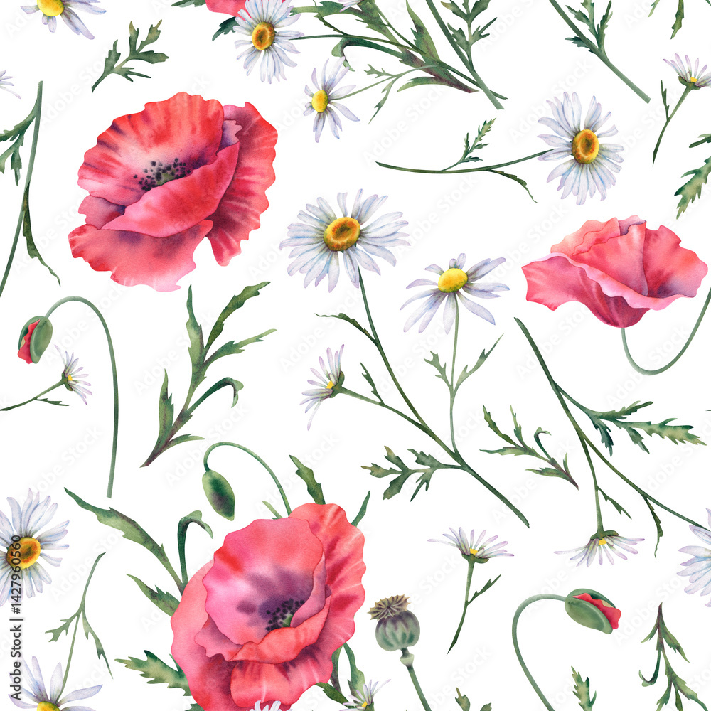 Fototapeta premium Wildflowers: poppies and daisies on a white background. Seamless pattern of watercolor colors. A hand-painted botanical illustration. A clipart for printing on fabric.