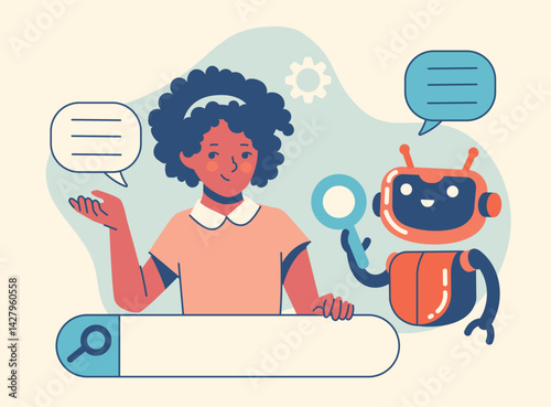 Young professional woman with dark skin searching with an AI chatbot via digital interface. Ideal for themes of AI search, interaction, support tools, communication, and virtual assistant services
