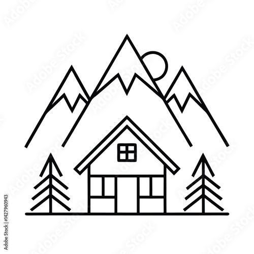 Minimalist cabin landscape featuring mountains trees and sunlight in a linear style