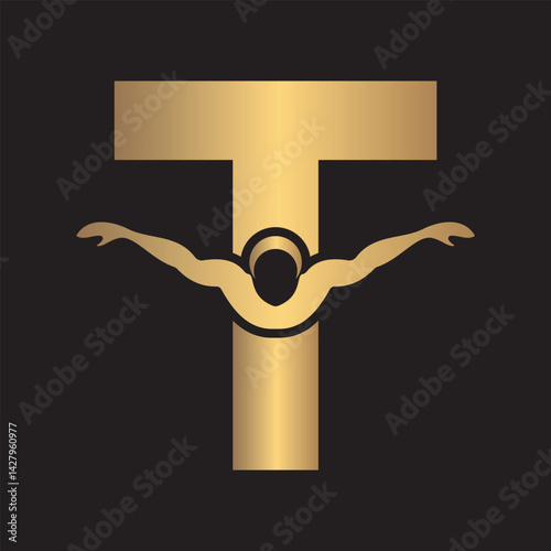 Swimming Logo combine with letter T vector template