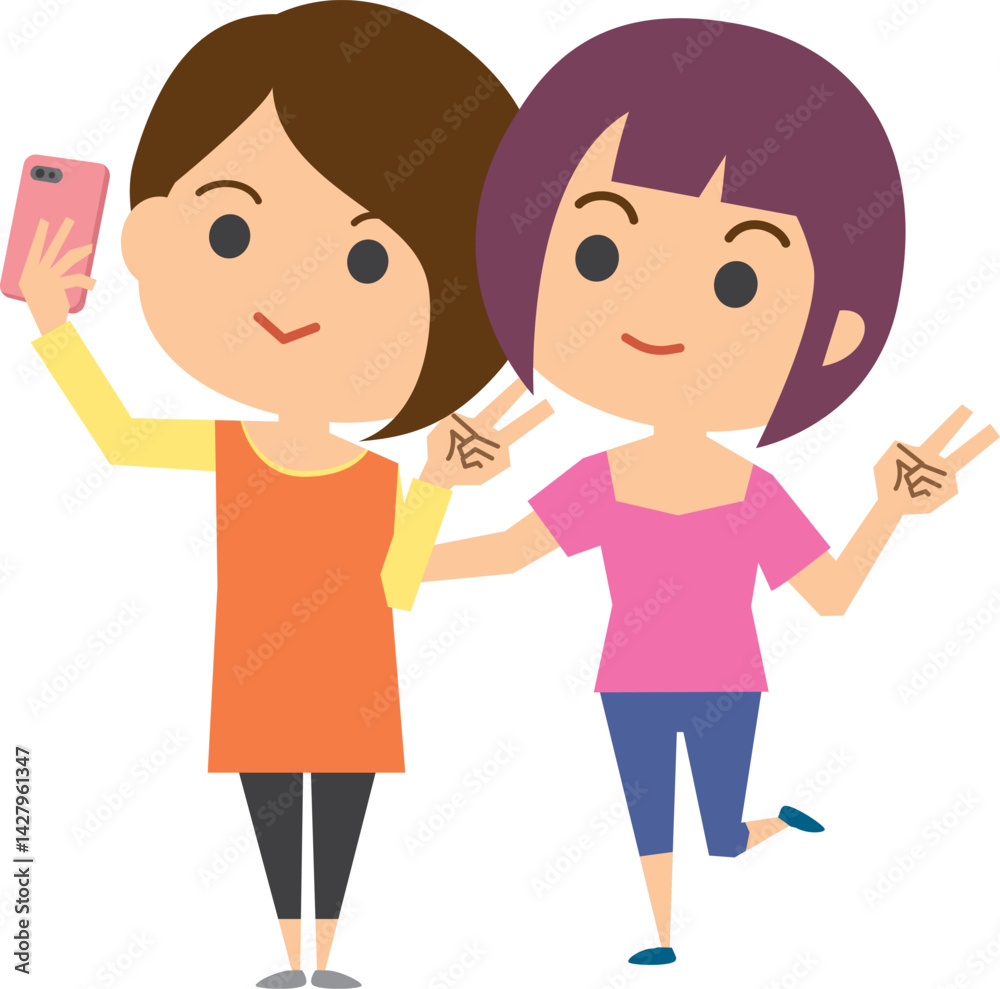 スマホで自撮りをしている女性のイメージイラスト スマホで自撮りをしている女性のイメージイラスト