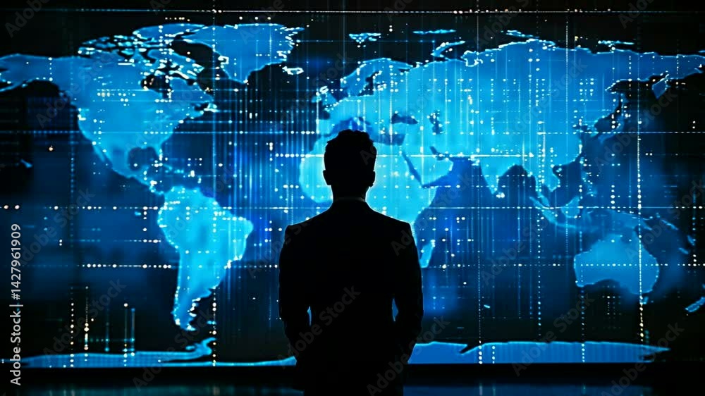 Man viewing global data map, future tech background