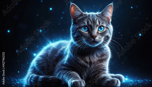A cute, fluffy black feline kitten with striking eyes, isolated against a dark background