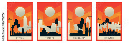Canada Ontario province cities brutalism poster pack with skylines, landmarks of Toronto, Ottawa, Hamilton, Mississauga. Vector illustration set. Travel cover, brochure, flyer, leaflet, images