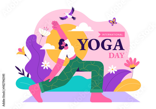 International Yoga Day Vector Illustration on June 21, featuring a Woman Practicing Yoga Poses or Meditation in a Flat Style Healthcare Background