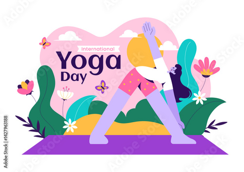 International Yoga Day Vector Illustration on June 21, featuring a Woman Practicing Yoga Poses or Meditation in a Flat Style Healthcare Background