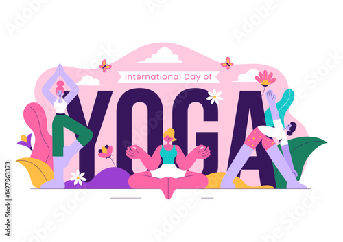 International Yoga Day Vector Illustration on June 21, featuring a Woman Practicing Yoga Poses or Meditation in a Flat Style Healthcare Background