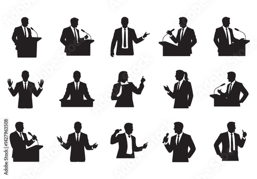 Silhouettes of public speakers and presenters making speeches, using podiums and gestures