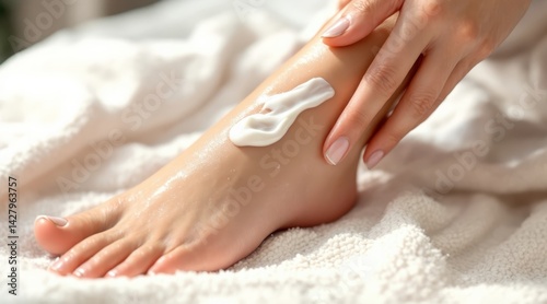 Female hand applying moisturizing cream on foot on soft towel representing skincare and self care routine at home