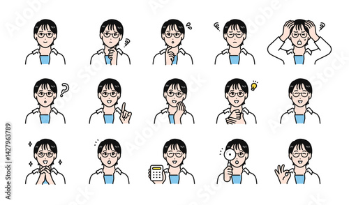 眼鏡をかけた若い女性の様々な表情バリエーションセット