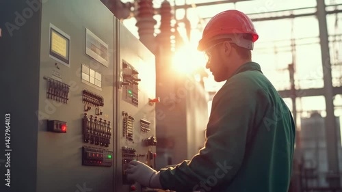 Technician Inspecting Electrical Control Panel at Sunset