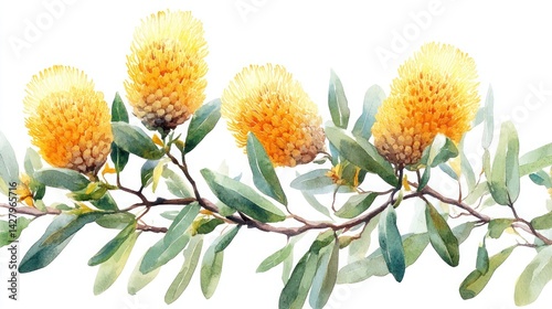 Fototapeta Naklejka Na Ścianę i Meble -  Watercolor illustration of Australian banksia flowers on a white background. 
