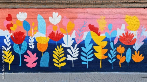 Vibrant mural featuring colorful flowers and plants on brick wall