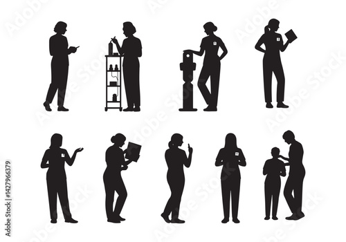 Silhouettes of healthcare workers assisting patients in medical settings, vector illustrations