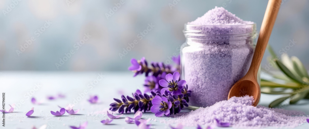 Spa setting with jar of lavender bath salts and flowers.