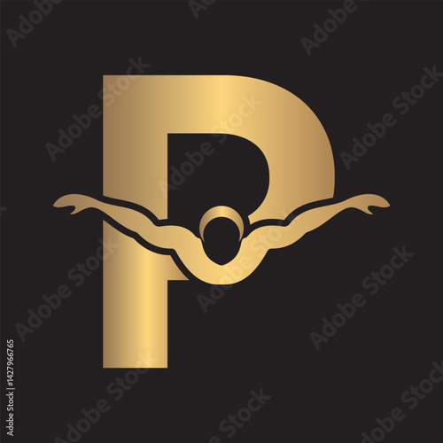 Swimming Logo combine with letter P vector template