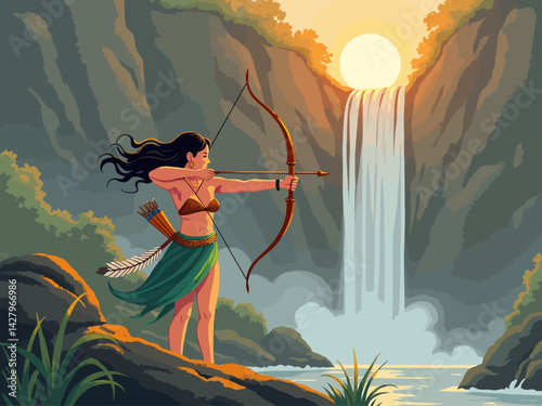  Amazonian archer with an intricate feathered quiver, drawing her bow in front of a waterfall 