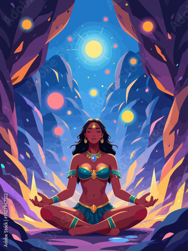 Amazonian warrior with crystal armor meditating in a glowing cave full of floating orbs