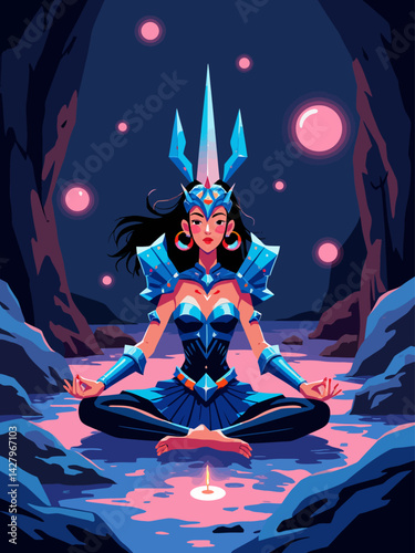 Amazonian warrior with crystal armor meditating in a glowing cave full of floating orbs
