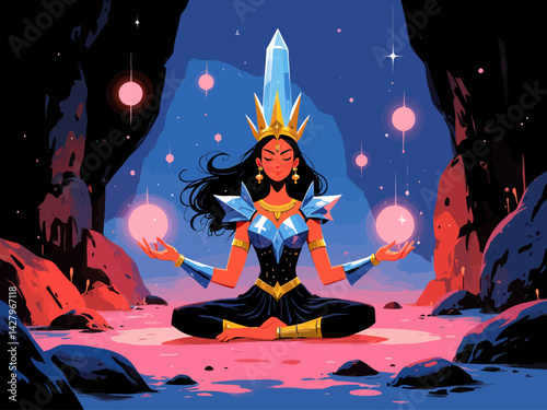 Amazonian warrior with crystal armor meditating in a glowing cave full of floating orbs