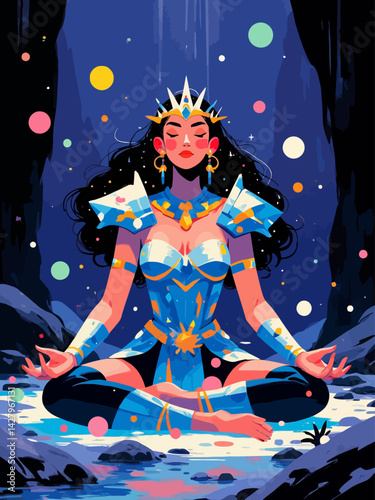 Amazonian warrior with crystal armor meditating in a glowing cave full of floating orbs