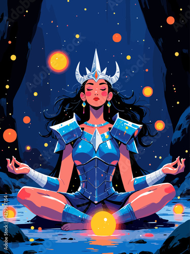 Amazonian warrior with crystal armor meditating in a glowing cave full of floating orbs