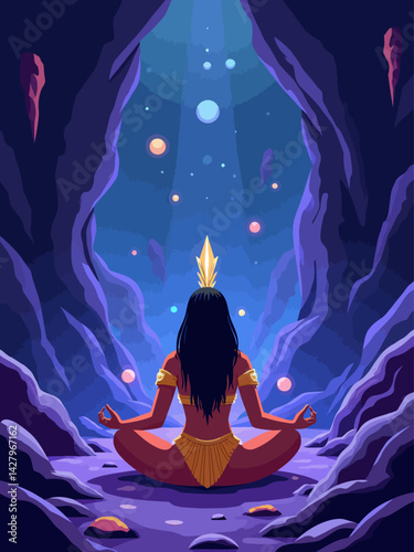 Amazonian warrior with crystal armor meditating in a glowing cave full of floating orbs