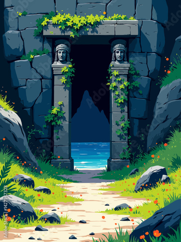 entrance to a forgotten empire carved into a mountainside, with ancient statues guarding