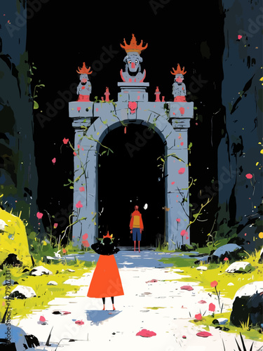 entrance to a forgotten empire carved into a mountainside, with ancient statues guarding