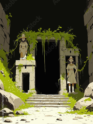 entrance to a forgotten empire carved into a mountainside, with ancient statues guarding