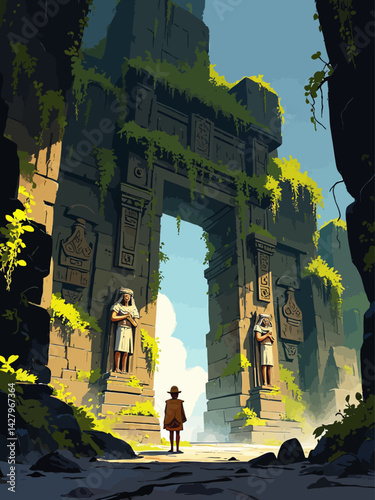 entrance to a forgotten empire carved into a mountainside, with ancient statues guarding