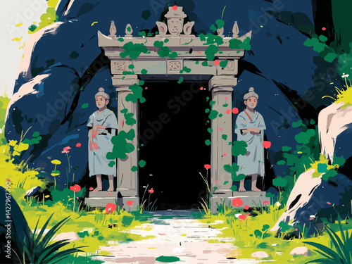 entrance to a forgotten empire carved into a mountainside, with ancient statues guarding